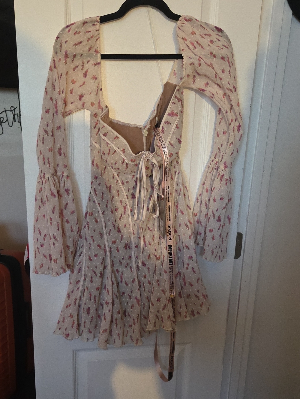 House of CB Cream Long Sleeve Floral Mini Dress with Pink Accents